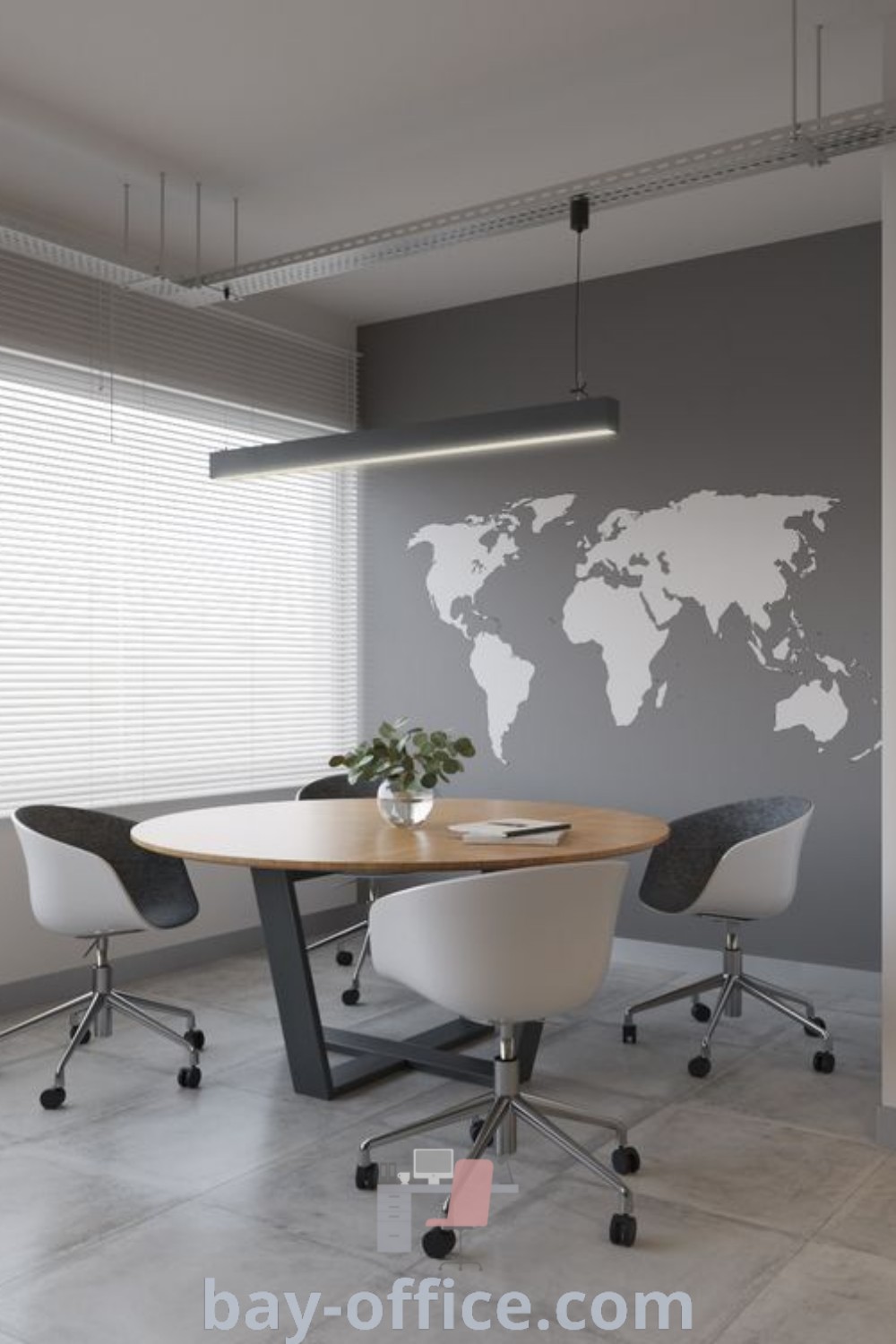 Corporate meeting room with a table, chairs, and a world map. Ideal for small office interior design, this space offers inspiring decor ideas for creating a productive working environment. Explore more on design trends at bay-office.com.