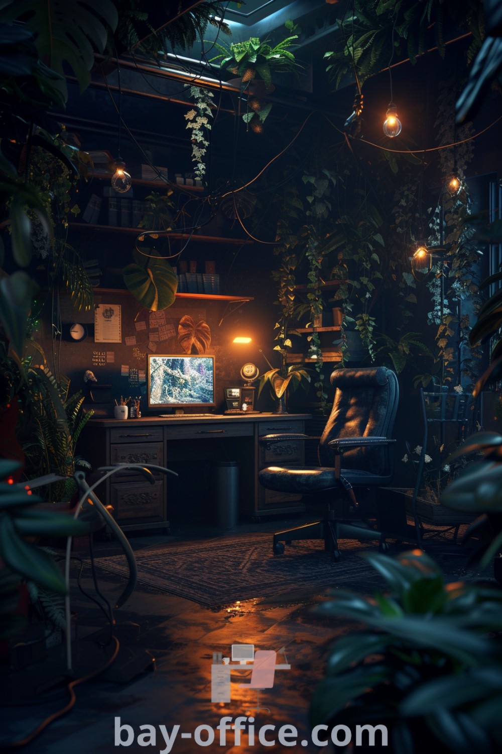 Nature gaming room with dim lighting, plants, and ambient ceiling lights creating a cozy aesthetic. Perfect for enhancing productivity and comfort, this design showcases forest-themed decor ideas for home study spaces at bay-office.com.
