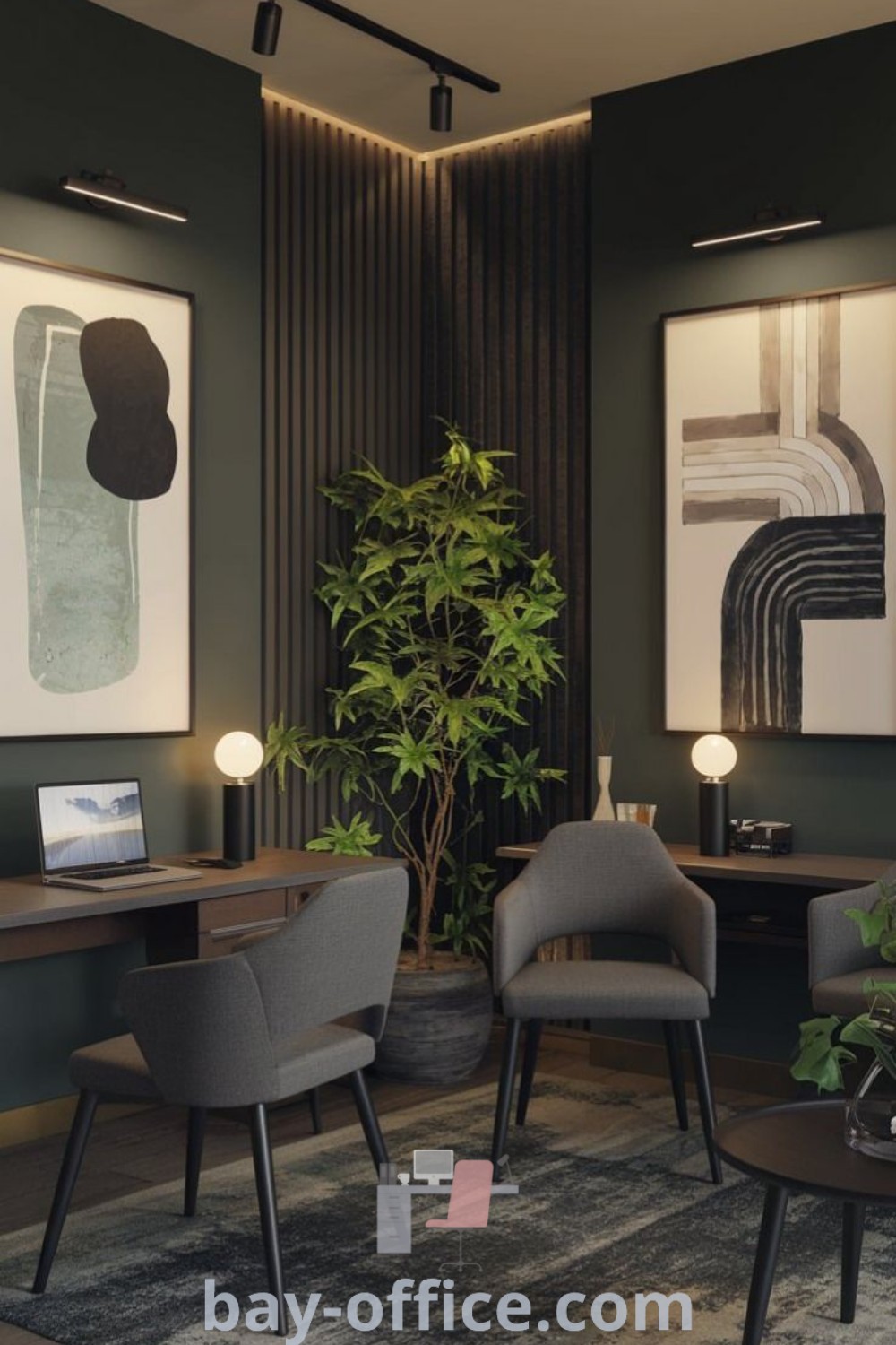 Modern industrial office with two wooden desks, stylish chairs, and a potted plant, featuring dark moody walls and masculine decor. Explore inspiring office redesign ideas and functional decor tips at bay-office.com.