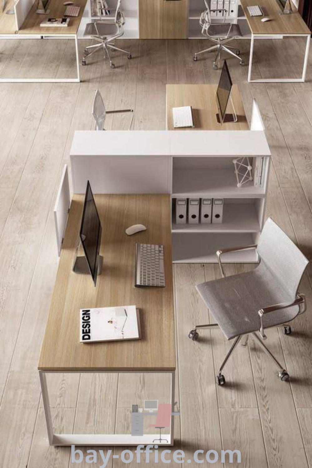 Modern office workstations with desks, chairs, and computers, showcasing corporate office design concepts and small workstation ideas. Explore inspiring decor ideas for small spaces at bay-office.com.