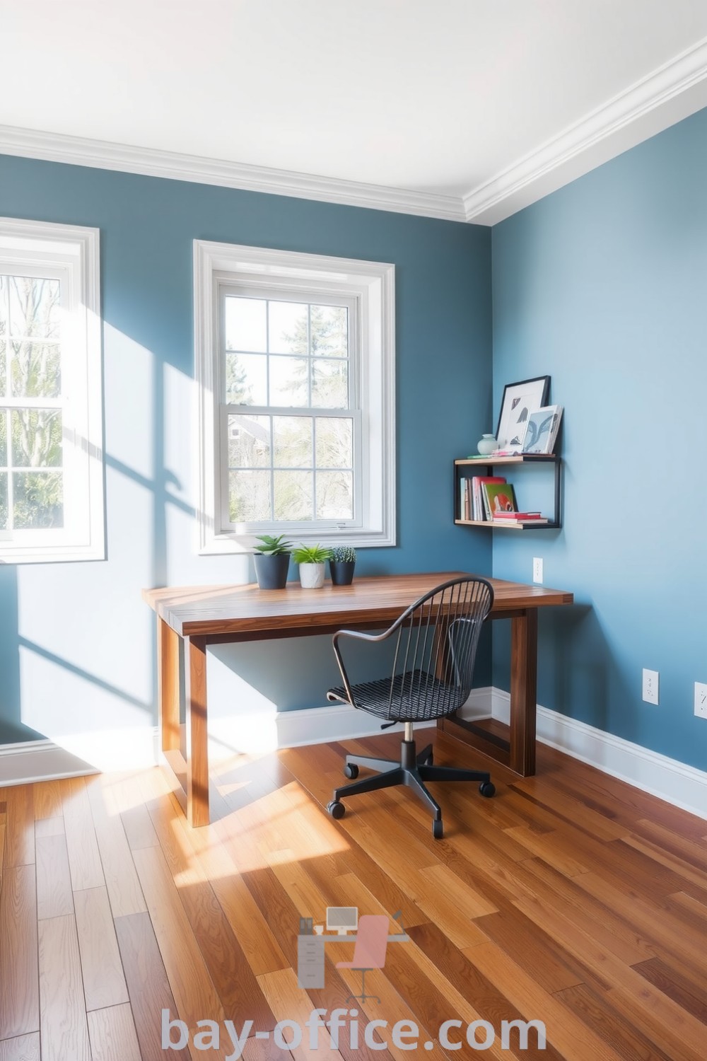 Minimalist home office featuring soothing blue walls, natural light, reclaimed wood desk, sleek metal chair, and potted plants, designed for comfort and productivity. Discover more inspiring decor ideas at bay-office.com.
