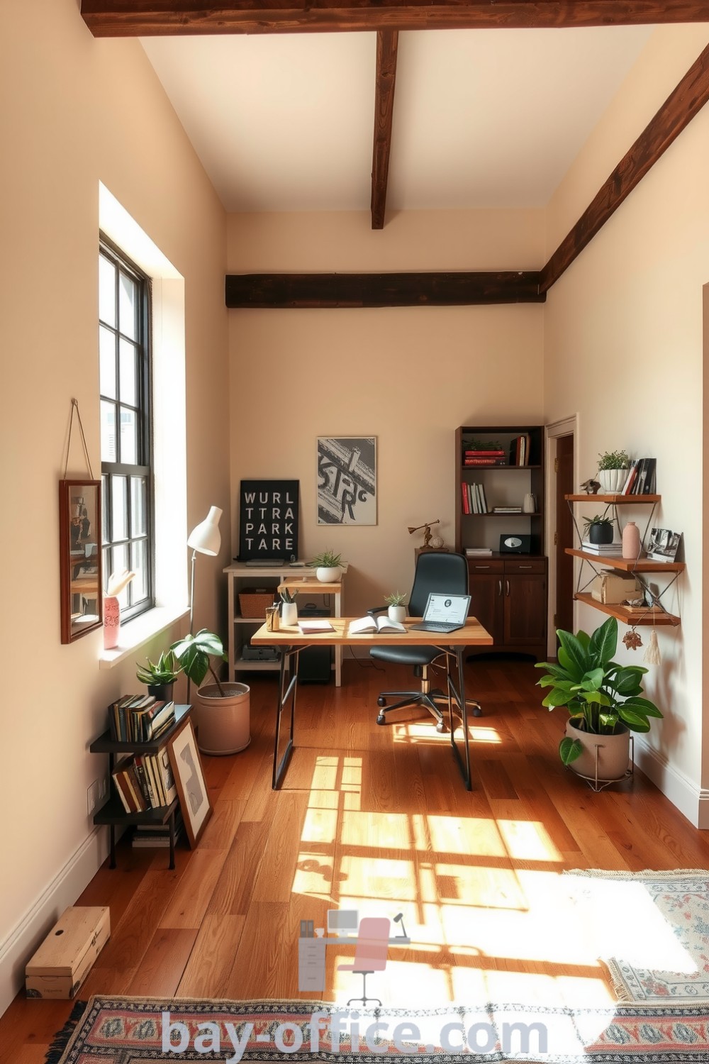 Cozy loft home office with beige walls, wooden flooring, and natural light, designed for creativity and productivity. Features plants, a minimalist desk, and rustic accents. Find design tips and ideas that inspire at bay-office.com.