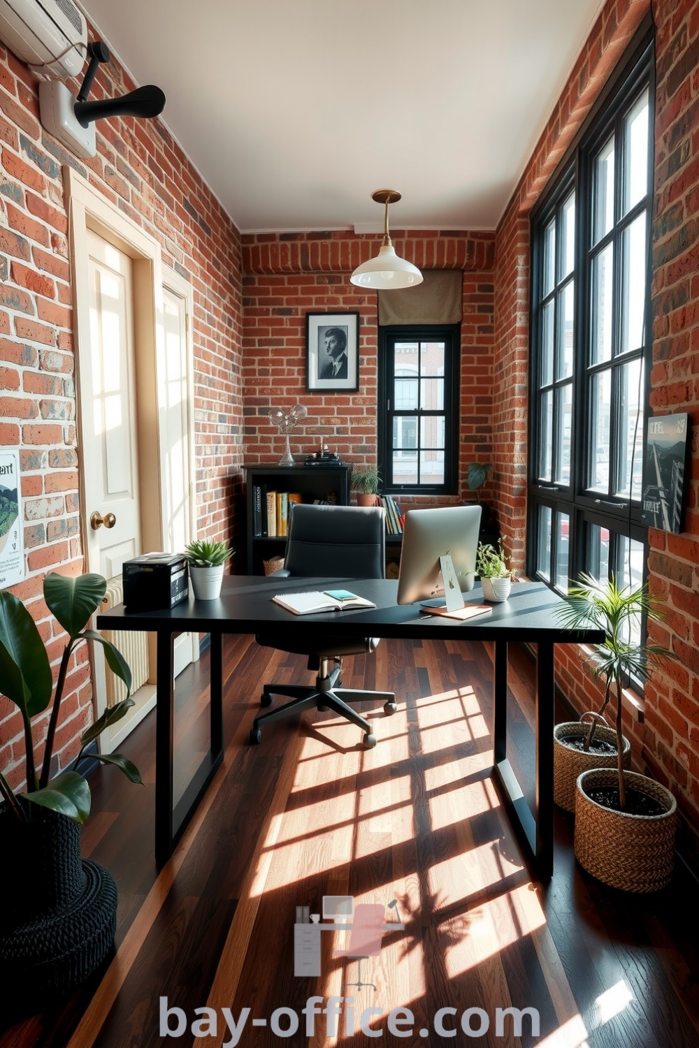 Cozy loft home office featuring exposed brick walls, wooden flooring, and a minimalist design with natural light illuminating the space. Includes potted plants for a touch of nature, creating an inviting atmosphere perfect for productivity. Discover more cozy design ideas at bay-office.com.