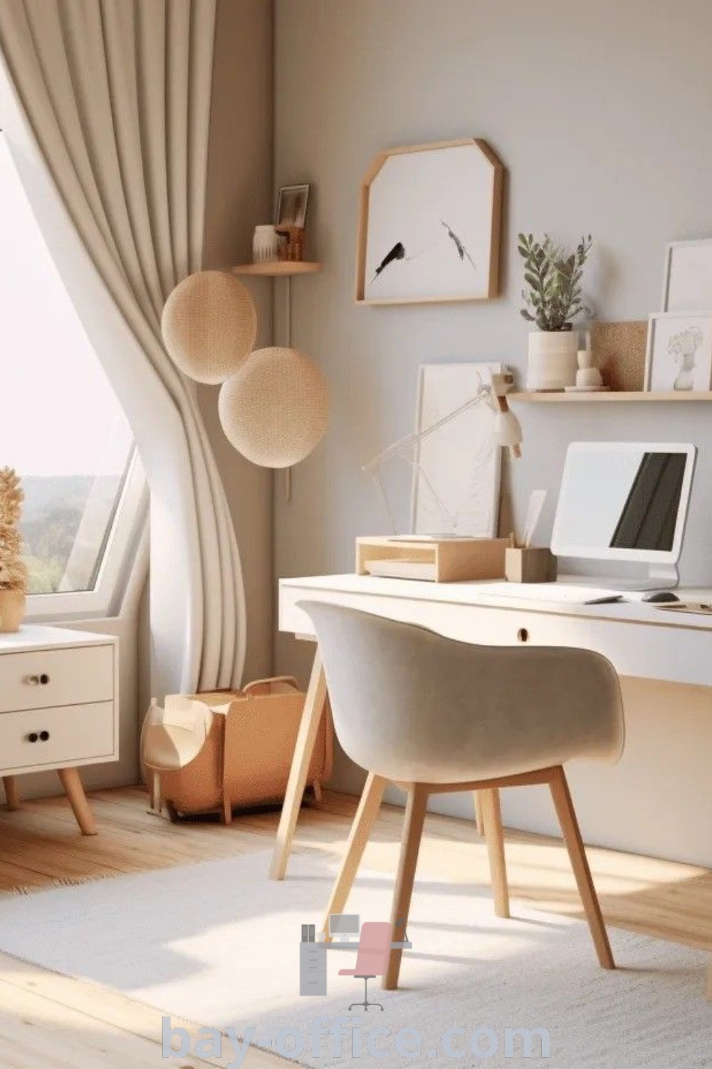Japandi home office featuring a desk with drawers, chair, and a corner window displaying artwork. Ideal for creating a cozy aesthetic, this design supports productivity and showcases decor ideas for small spaces. Explore more at bay-office.com.
