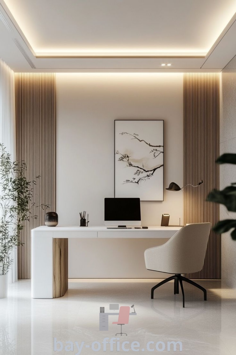 Minimalist office room featuring a desk, chair, and plant, beautifully lit by recessed lights. Explore home office design tips and ideas for small spaces that inspire productivity at bay-office.com.