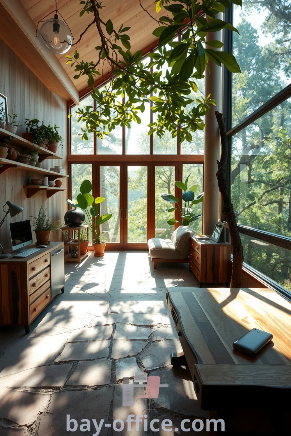 Nature-inspired home office featuring reclaimed wood furniture, potted plants, and large windows that provide natural light and serene views. A cozy aesthetic that promotes creativity and productivity, perfect for those seeking design trends or decorating ideas for their homes. Discover more at bay-office.com.