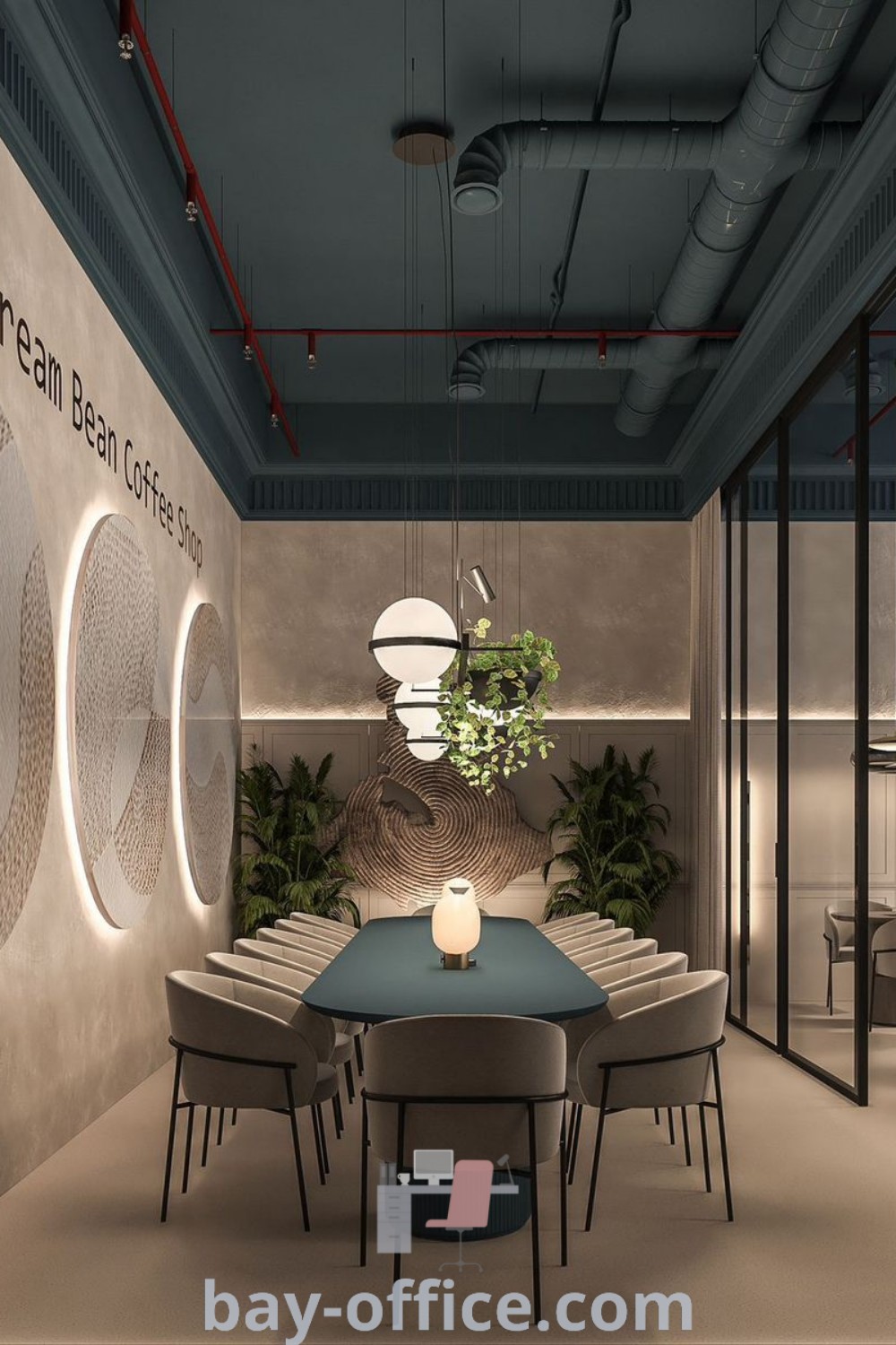 A modern meeting room design featuring chairs, tables, and wall plants in front of an illuminated sign. This commercial office design combines industrial style with cozy aesthetics. Explore more decorating ideas and office interior design inspiration at bay-office.com.