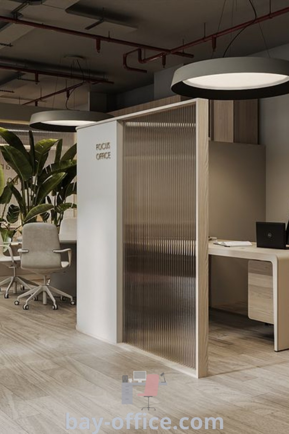 Stylish low height partition office design with white walls and wooden floors, showcasing industrial modern aesthetics. Perfect for architects