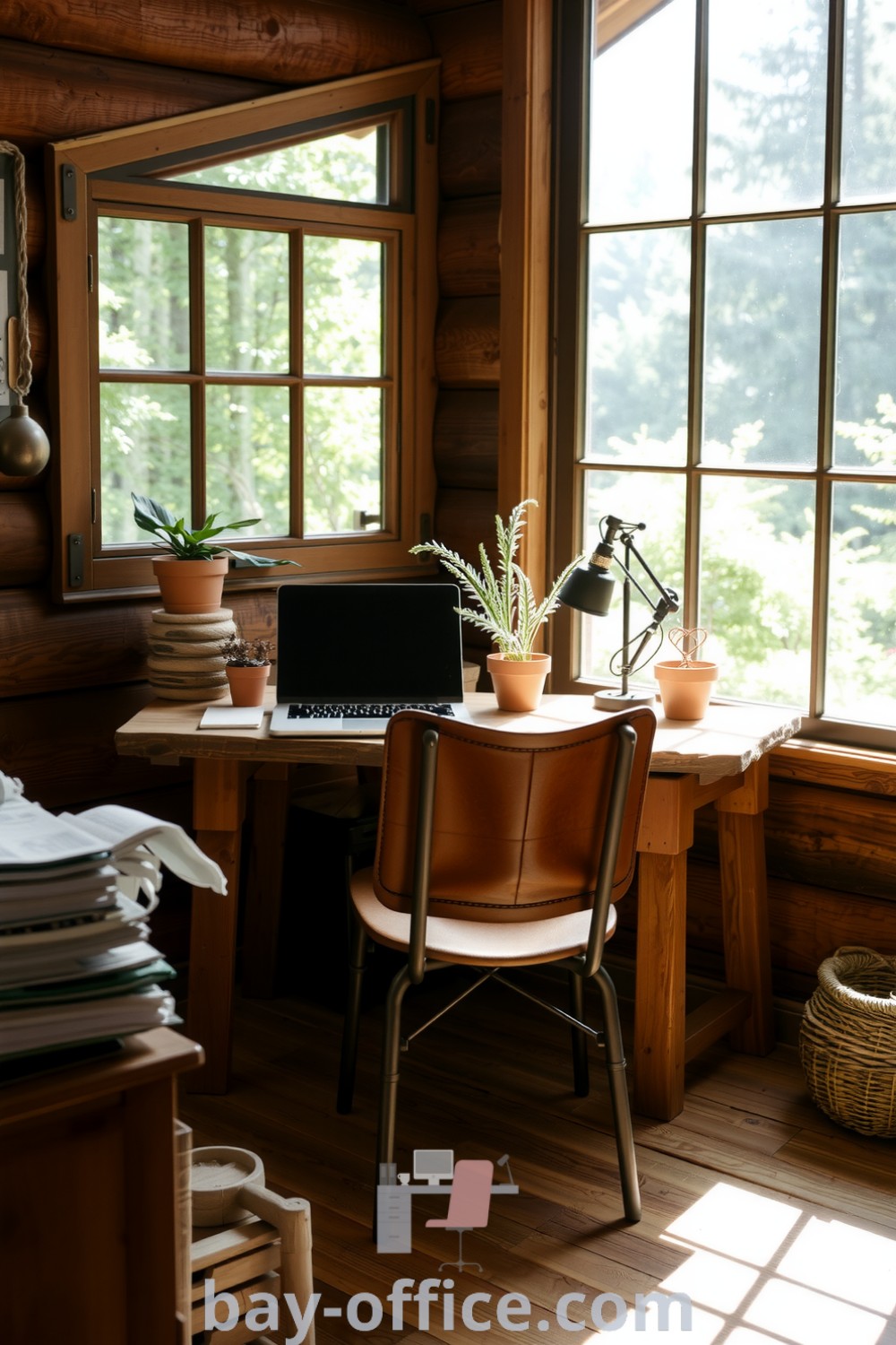 Cozy home office featuring a wooden desk, leather chair, large windows with greenery view, and plants in handmade pots, creating an inviting and serene workspace that inspires productivity. For design tips and ideas that will make you love working from home, visit bay-office.com.