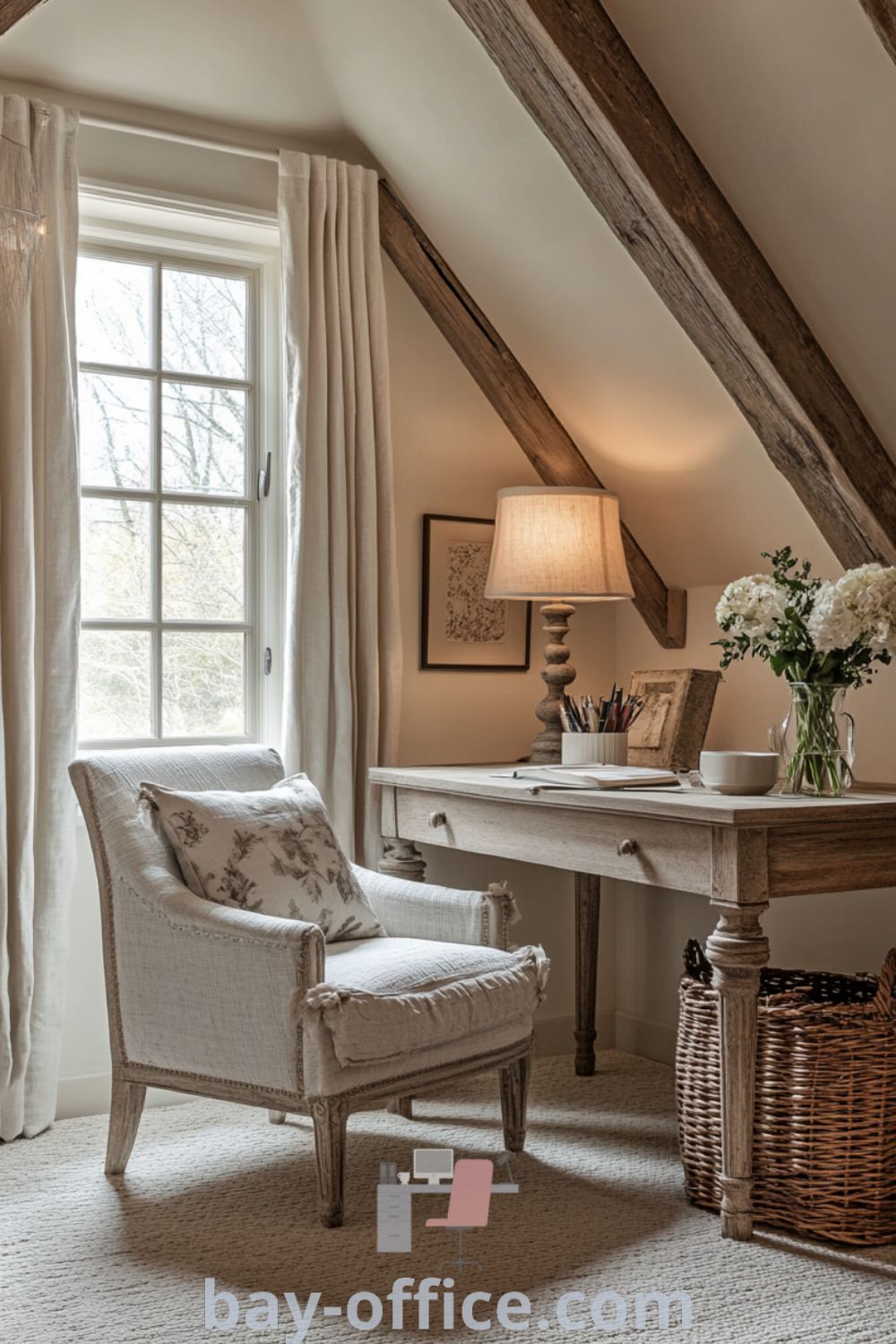 A cozy French country home office featuring weathered wooden beams, cream walls, an oak desk, and soft lighting, designed to inspire productivity and creativity. Perfect for creating a warm and inviting work environment. Explore more ideas at bay-office.com.