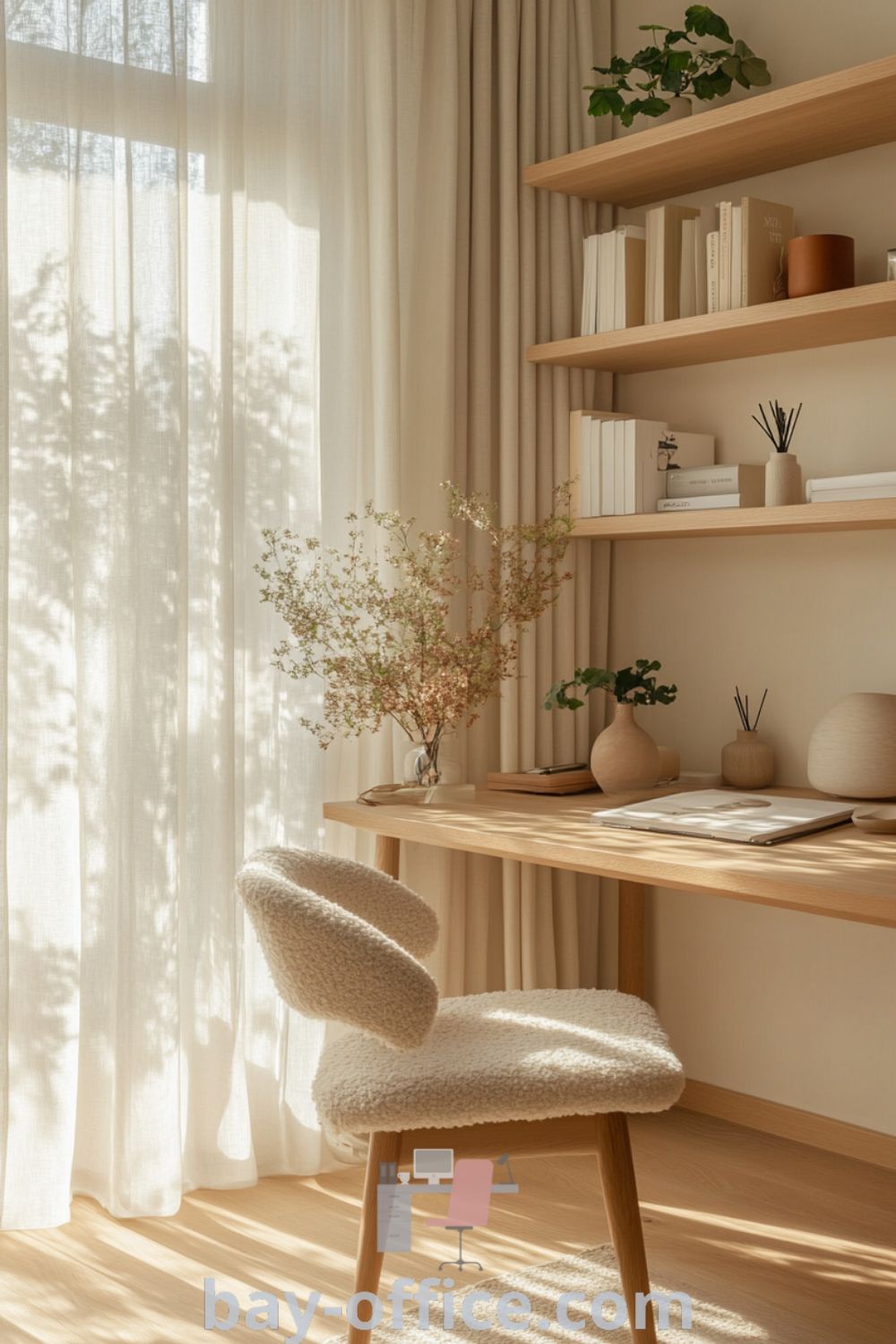Scandinavian-inspired home office featuring soft beige walls, warm wood accents, a cozy textured chair, and natural light filtering through sheer curtains, ideal for creating a tranquil workspace that inspires productivity. Discover more at bay-office.com.