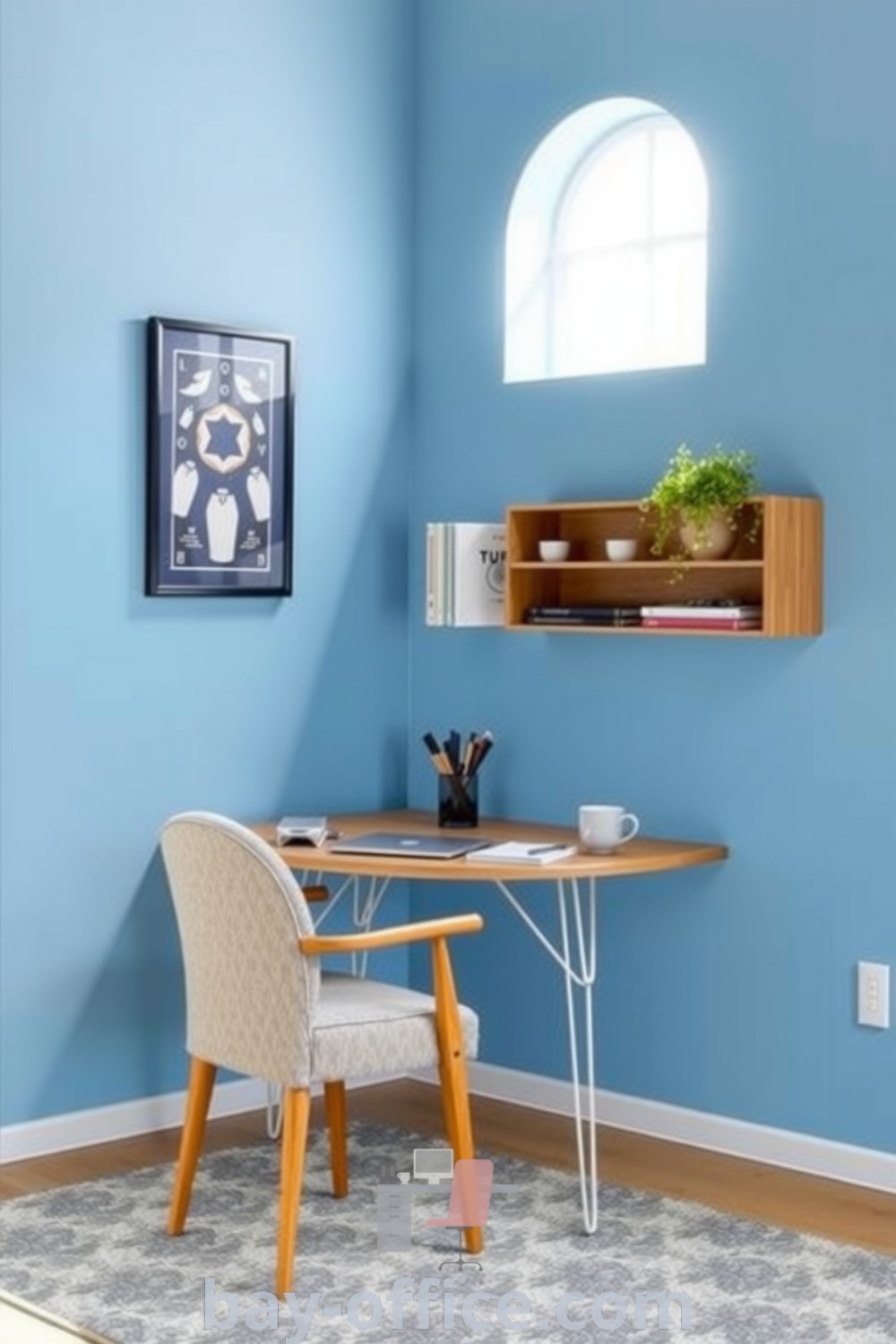 Cozy home office with soft blue walls, wooden desk, and plants under natural light, designed to enhance focus and creativity. Explore inspiring decor ideas for small spaces at bay-office.com.
