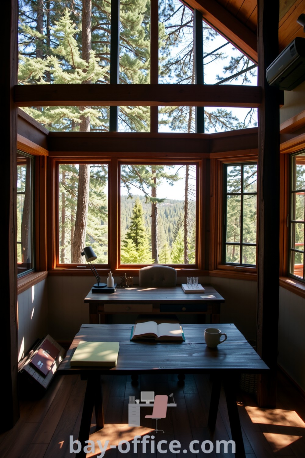 Nature-inspired home office nestled among tall pine trees, featuring warm wooden beams, a reclaimed timber desk, and large windows for natural light. A serene environment fostering creativity and productivity. Explore more ideas at bay-office.com.
