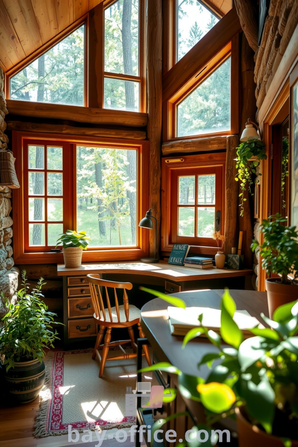 Cozy nature-inspired home office in a rustic cabin with a sturdy oak desk, large windows offering forest views, and touches of greenery, designed to inspire creativity and productivity. Explore more ideas at bay-office.com.