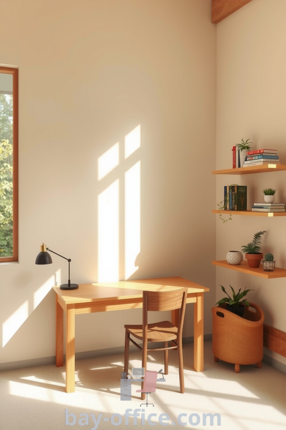 Minimalist home office featuring soft beige walls, wooden desk, comfortable chair, floating shelves with books, and decorative plants, creating a cozy aesthetic perfect for focused productivity. Explore more design tips at bay-office.com.