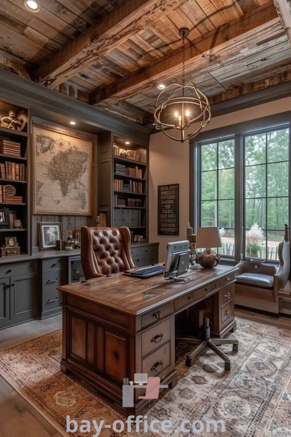 Old fashioned office design featuring an old world map on the wall and bookshelves, showcasing rustic office ideas for men. Discover inspiring decor ideas and tips for creating a cozy workspace at bay-office.com.