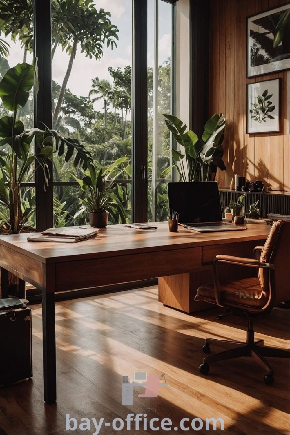 Wooden desk with a laptop in a tropical office design featuring large windows and abundant plants. This cozy workspace enhances productivity and offers design tips for creating an inspiring home office. Discover more decor ideas for small spaces at bay-office.com.