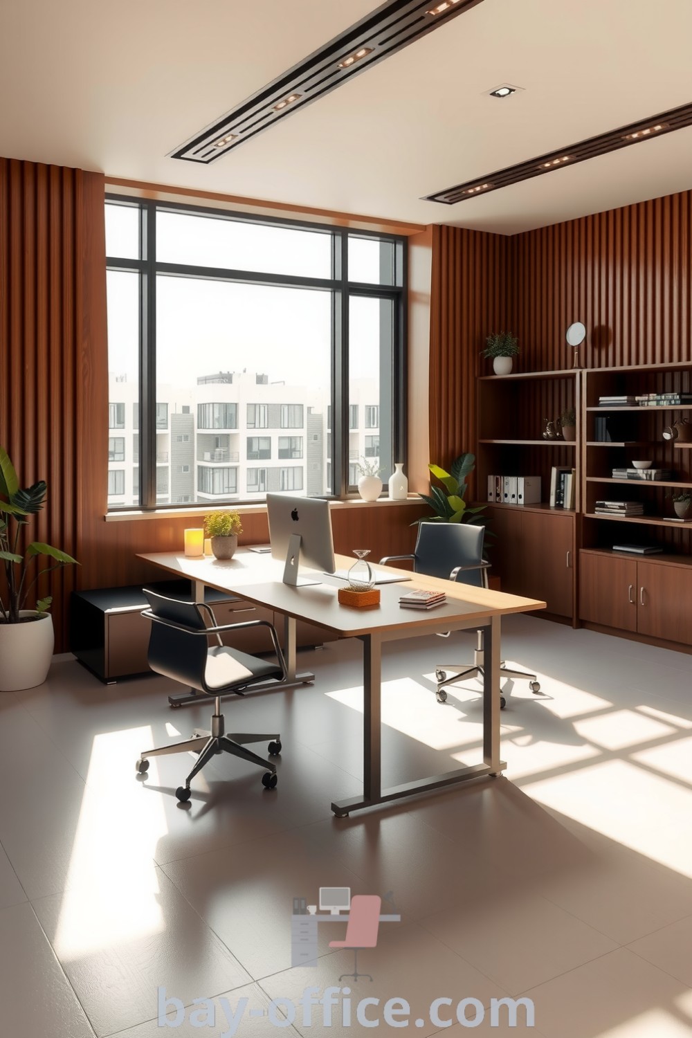 Minimalist corporate office featuring wooden accents, steel furniture, and natural light, designed to create a cozy workspace that enhances productivity. Discover inspiring decor ideas for small spaces at bay-office.com.
