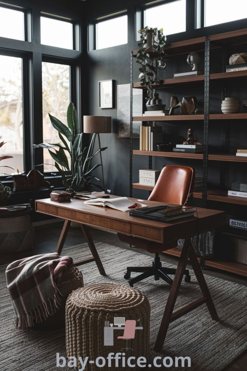 Moody mid-century modern office with large windows, dark boho elements, and a book collection for a cozy aesthetic. Ideal for home office inspiration and productivity, featuring design trends from bay-office.com.
