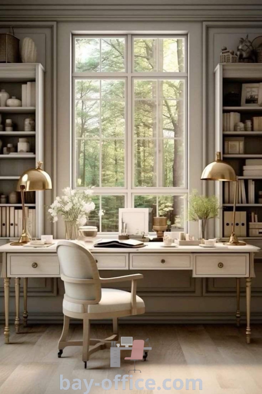 French Country home office with white furniture, large windows, and bookshelves. A cozy and sophisticated workspace that enhances productivity. Explore inspiring ideas and decor tips at bay-office.com.