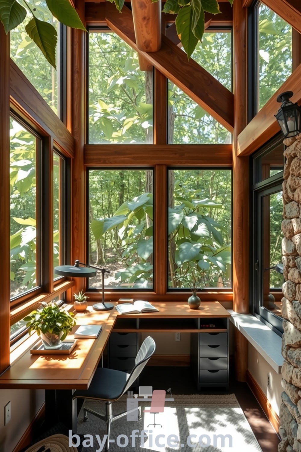 Cozy nature-inspired home office with large windows, wooden beams, and a polished desk creating an inviting atmosphere for productivity. Incorporate plants for a serene environment that inspires creativity. Discover more decorating ideas at bay-office.com.