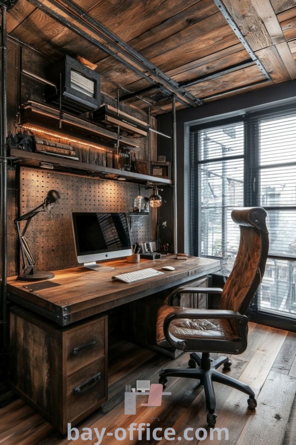 Japanese industrial home office featuring wooden floors, shelves, and a computer desk that inspire productivity and style. Discover design tips and ideas you