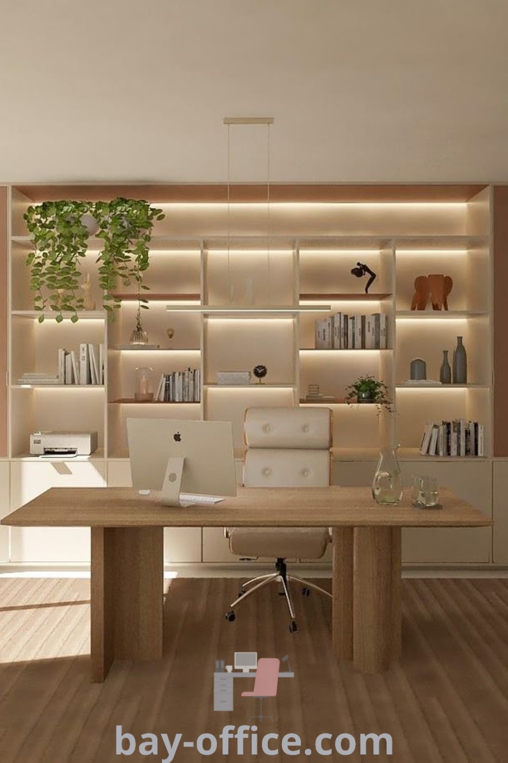 Stylish home office with a desk, laptop, and bookshelves showcasing luxury office furniture and modern design trends. Discover inspiring ideas for small office spaces and cozy work environments at bay-office.com.