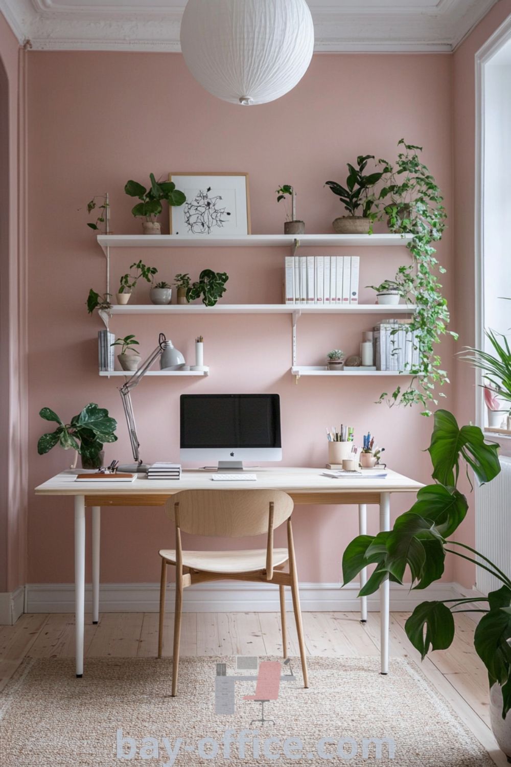 Cozy Scandinavian home office with soft pink walls, whitewashed wooden furniture, and a large window for natural light. Decorated with plants and books, this space inspires productivity and offers ideas you