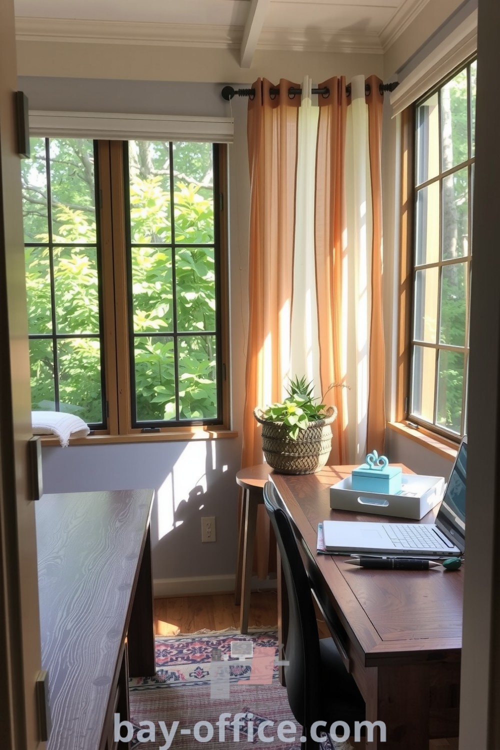 Cozy home office featuring reclaimed wood furniture, large windows with greenery views, and a woven plant basket, creating a serene atmosphere ideal for productivity and inspiration. Explore more ideas that will inspire productivity at bay-office.com.