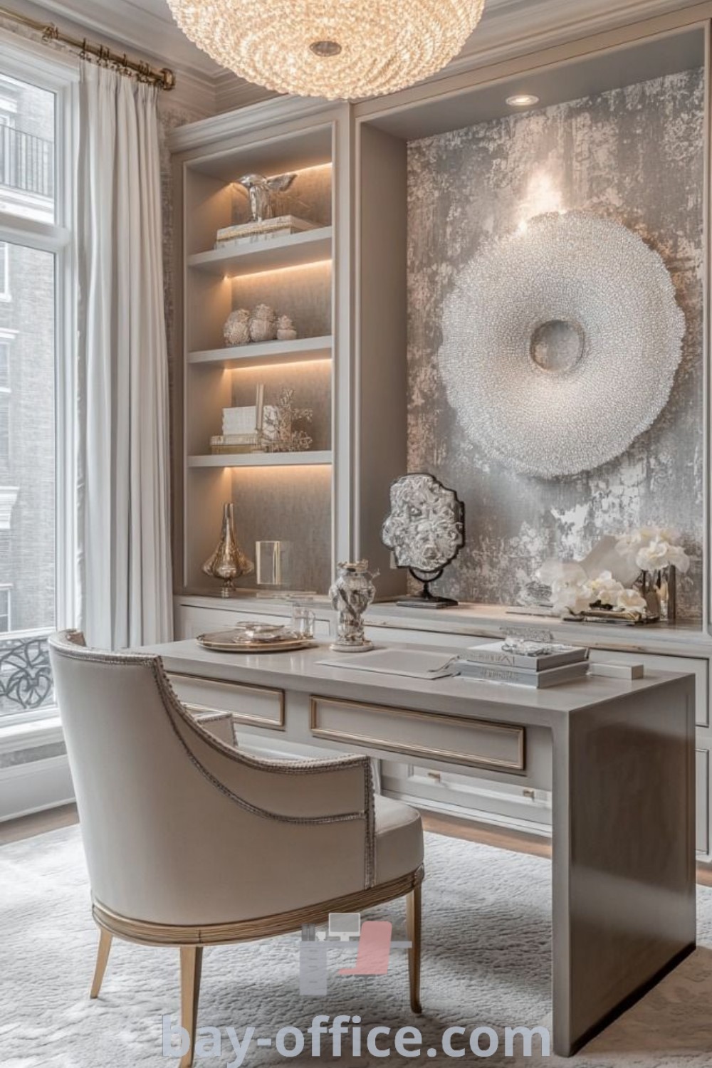 Elegant desk and chair in a modern luxury study room setting with a large window, showcasing timeless home office decor ideas and French office design. Explore inspiring ideas at bay-office.com.