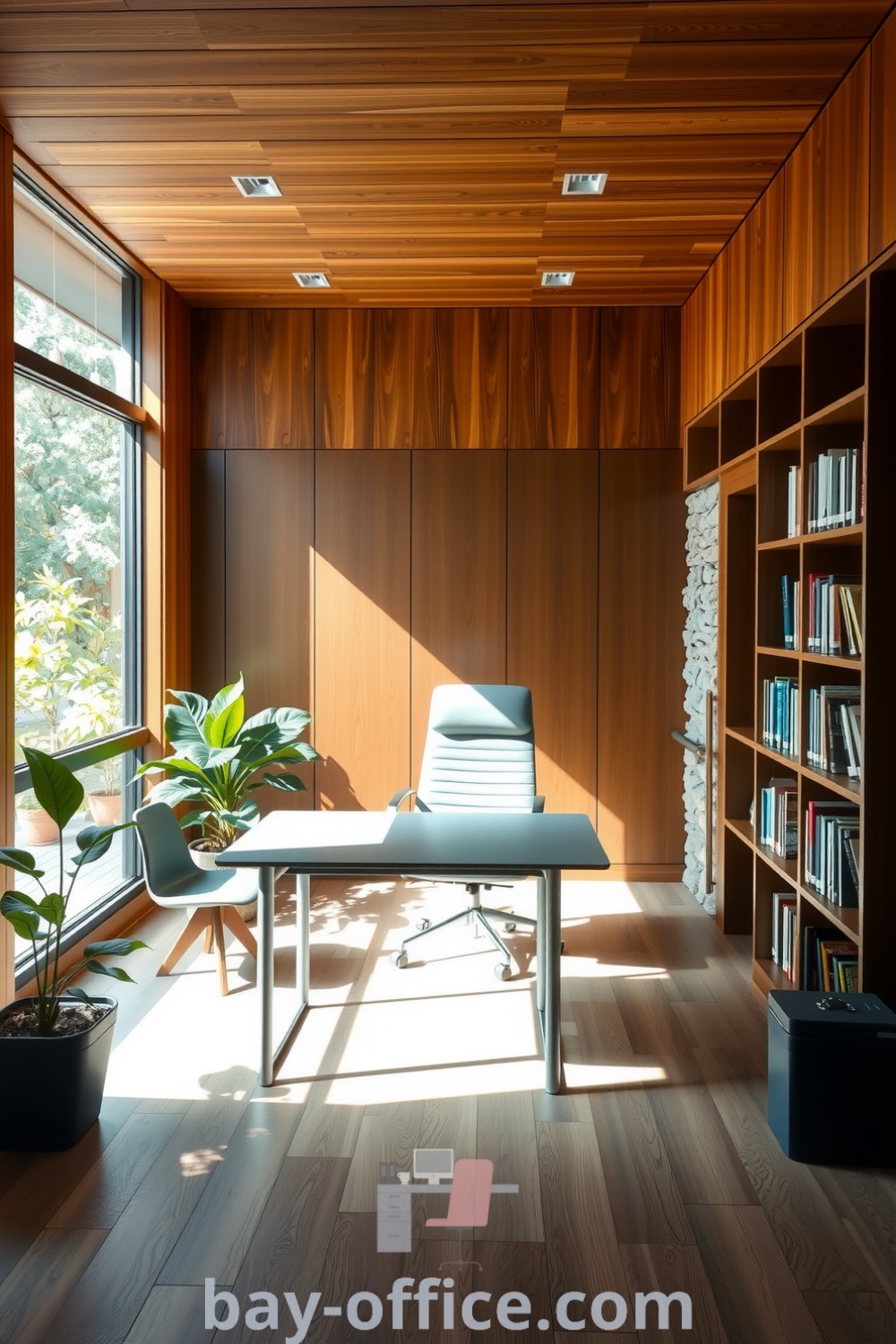 Minimalist corporate office featuring warm wooden panels, metal desk and chair, large window with natural light, potted plants, and textured stone wall, creating a cozy aesthetic perfect for productivity. Explore more at bay-office.com.