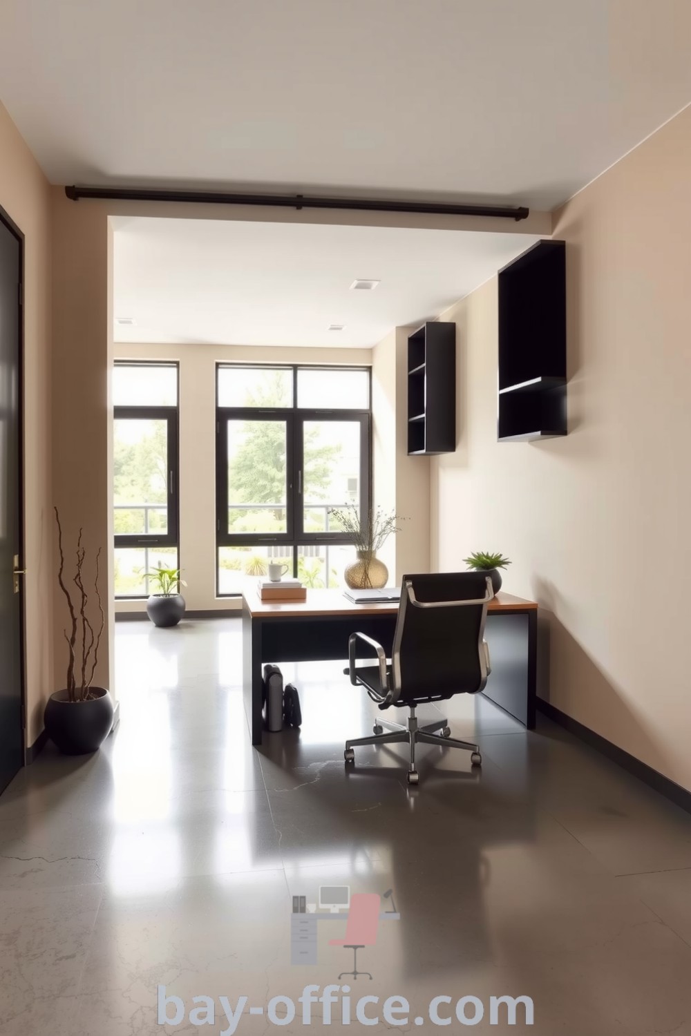 Minimalist corporate office featuring beige walls, black accents, polished concrete flooring, a wooden desk, and potted plants, creating a sophisticated and inviting atmosphere for productivity. Discover more inspiring decor ideas at bay-office.com.