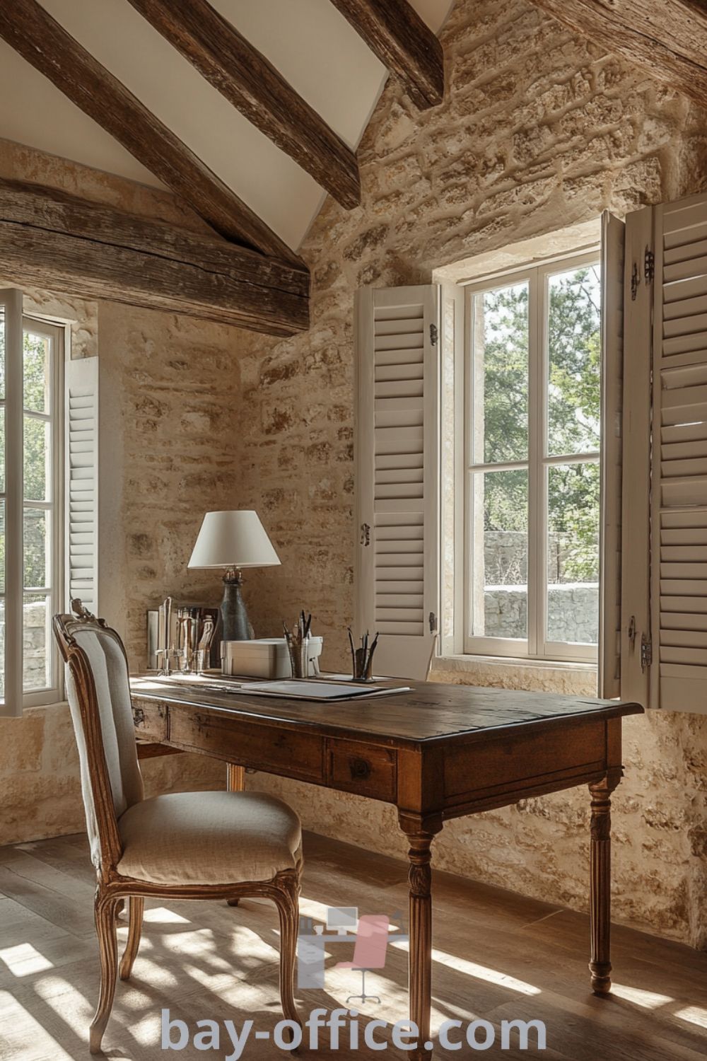 Elegant French country home office featuring rustic wooden beams, a sturdy desk, and a vintage chair, designed to inspire productivity and creativity in a warm and inviting atmosphere. Explore more cozy decor ideas at bay-office.com.