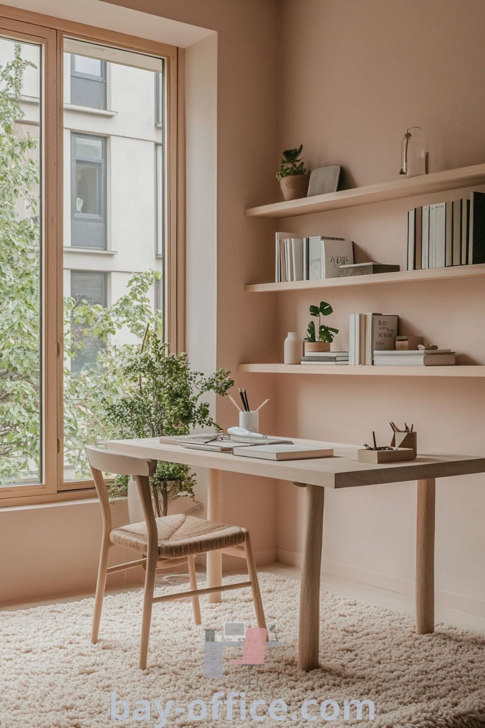 Scandinavian home office with soft pink walls, natural wood accents, and minimalist furnishings. Large window floods the room with daylight, showcasing vertical shelves with books and plants, creating a cozy aesthetic that inspires productivity. Discover more cozy design ideas at bay-office.com.