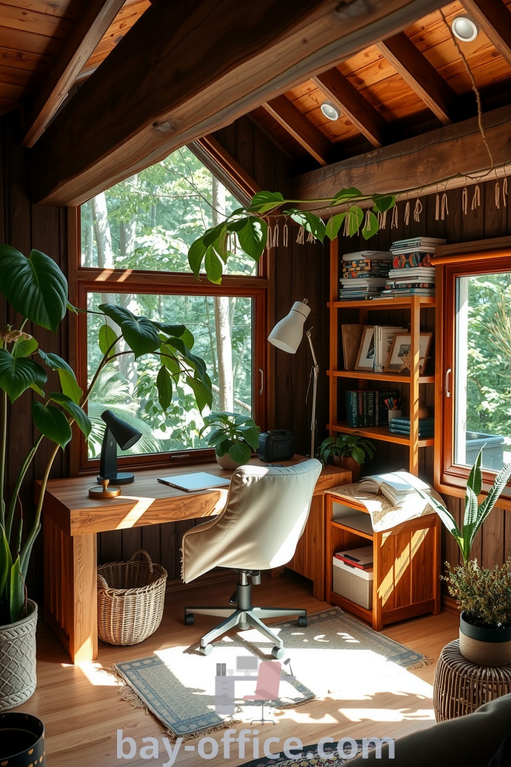 Nature-inspired home office in a rustic cabin featuring reclaimed wood furniture, lush plants, and soft earthy tones that create a cozy and inspiring atmosphere. Perfect for boosting productivity and comfort while working from home. Discover more ideas at bay-office.com.