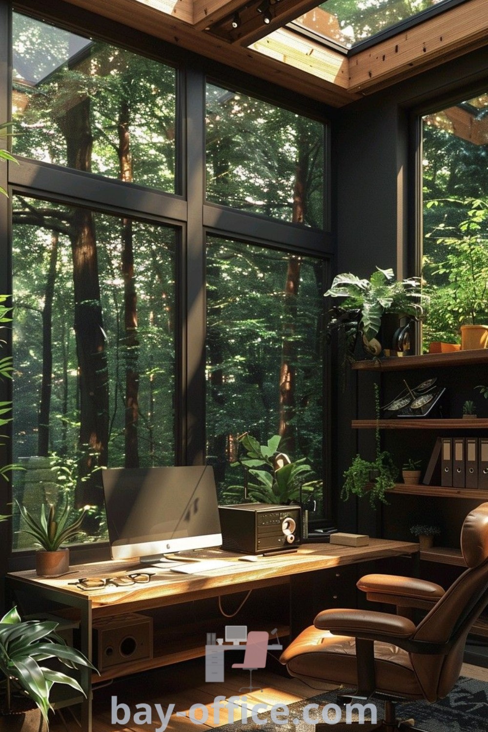 A home office with large windows filled with greenery, featuring a computer desk and natural decor. Experience a productive work environment with elements inspired by office garden indoor and herbalist house themes. Discover the best cozy aesthetic ideas to enhance your workspace at bay-office.com.