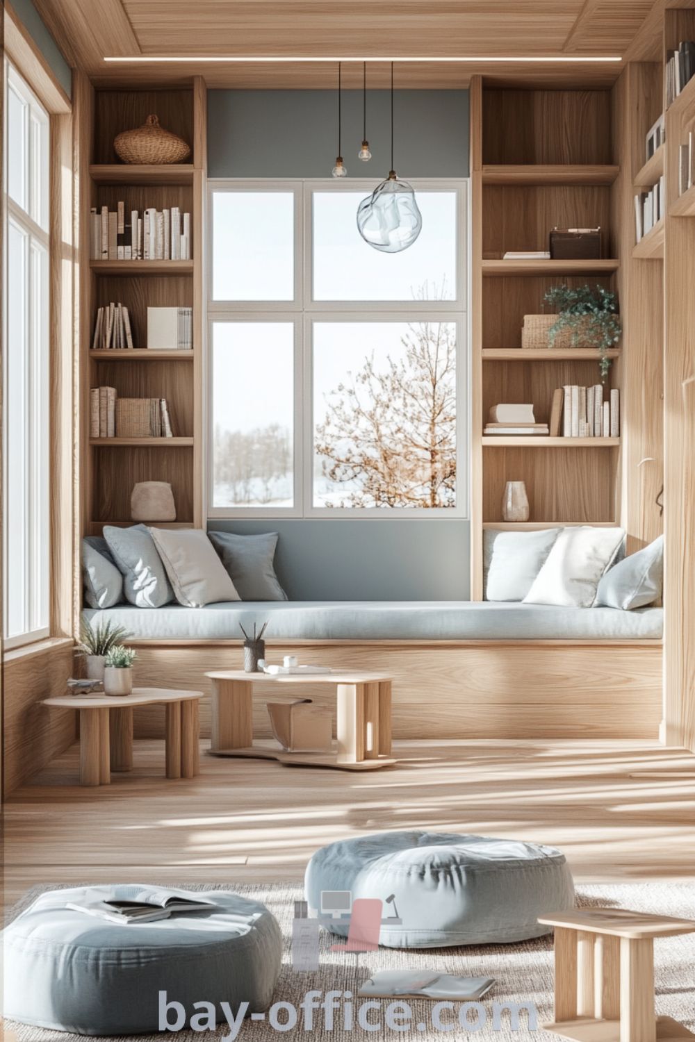 Scandinavian home office featuring soft blue accents, light wood furnishings, a cozy reading nook, and textured wool rugs, designed to inspire productivity and create a serene atmosphere. Discover more inspiring decor ideas and tips for small spaces at bay-office.com.