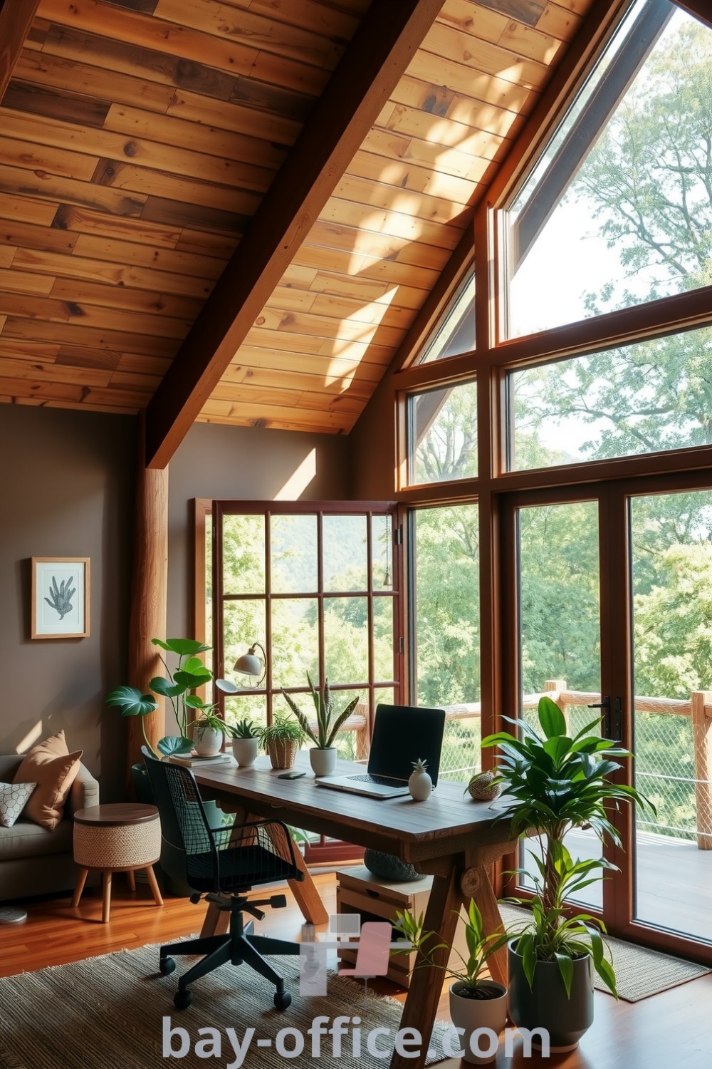 A cozy and inviting nature-inspired home office featuring wooden beams, large windows with lush greenery, a reclaimed wood desk, and potted plants that enhance creativity and focus. Explore more cozy decor ideas for small spaces at bay-office.com.