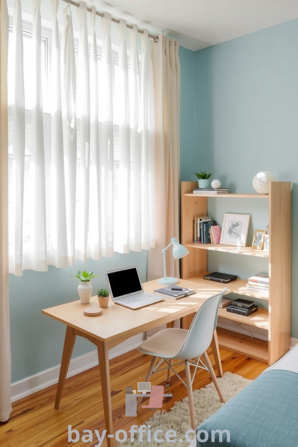 Minimalist home office bathed in soft blue tones, featuring light wood furniture, a slim laptop, and plants. A cozy and inspiring environment designed to enhance productivity and reflect personal identity. Explore design tips at bay-office.com.