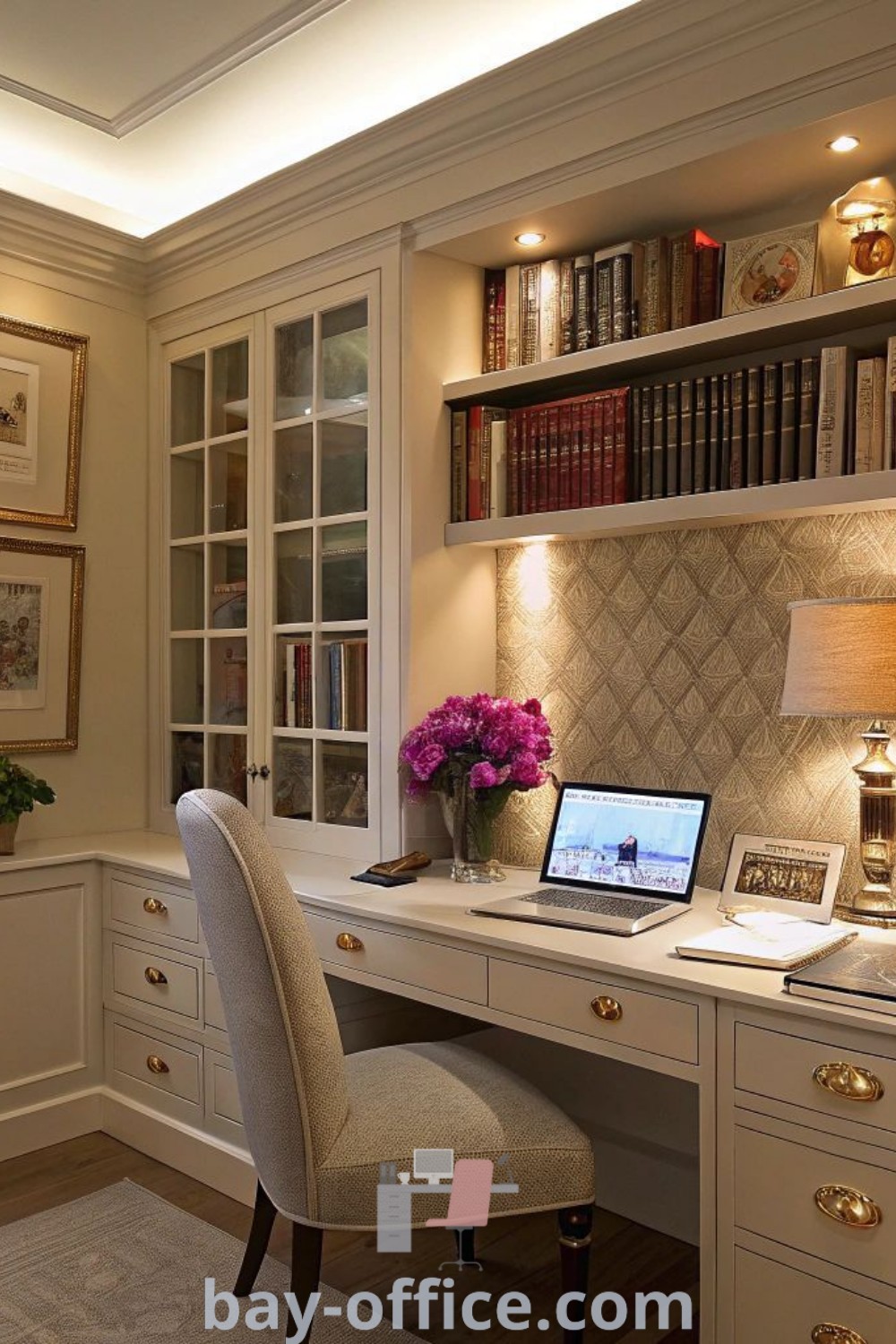 Home office setup with a desk, laptop, and bookshelves, showcasing cozy aesthetic and inspiring decor ideas for small spaces. Ideal for maximizing productivity and creating a beautiful space, discover more at bay-office.com.