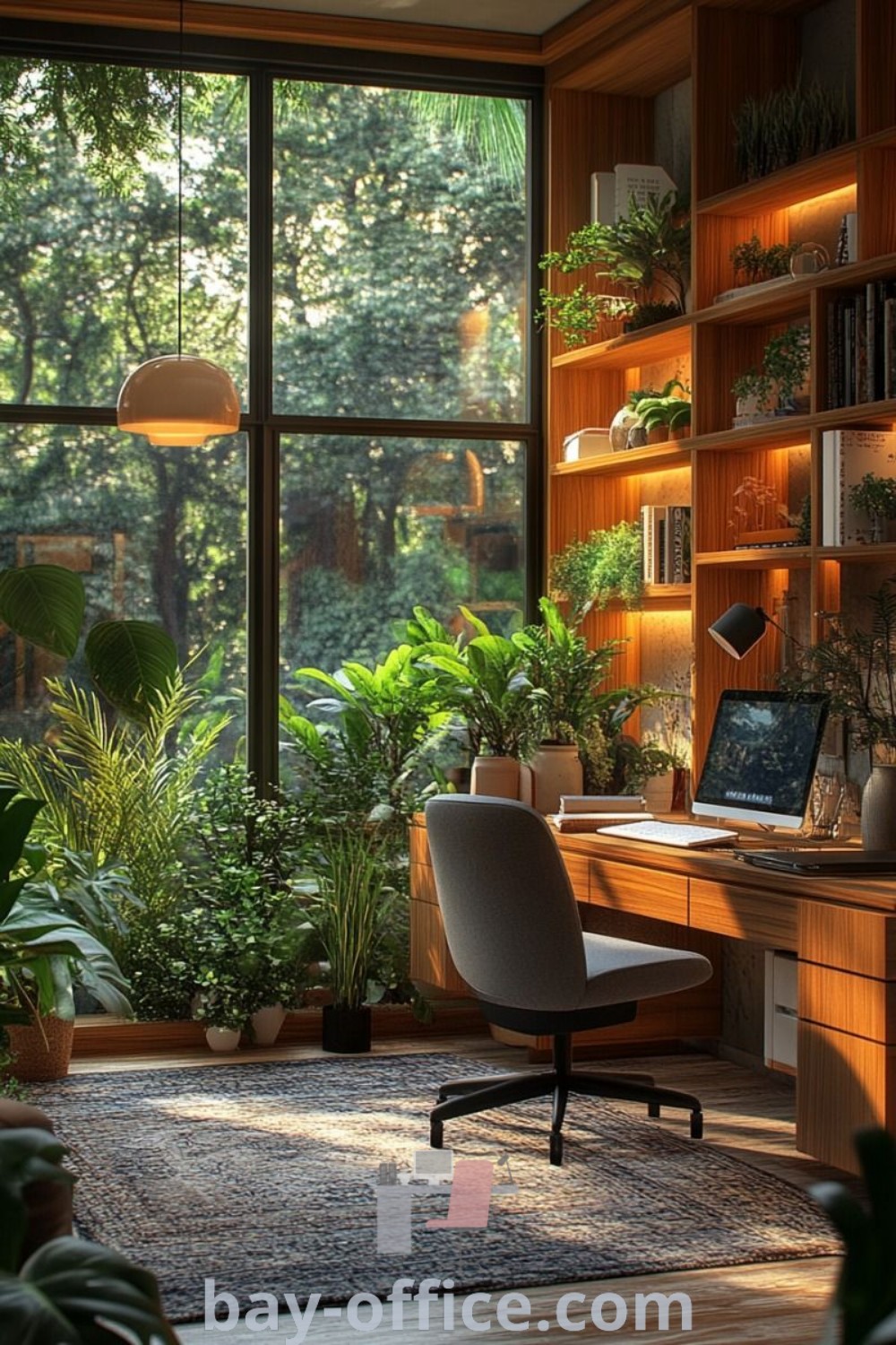 Plant-filled home office with shelves of greenery, a desk by a large window, and cozy decor ideas. Ideal for maximizing productivity and inspiration while working from home. Discover more decor ideas at bay-office.com.