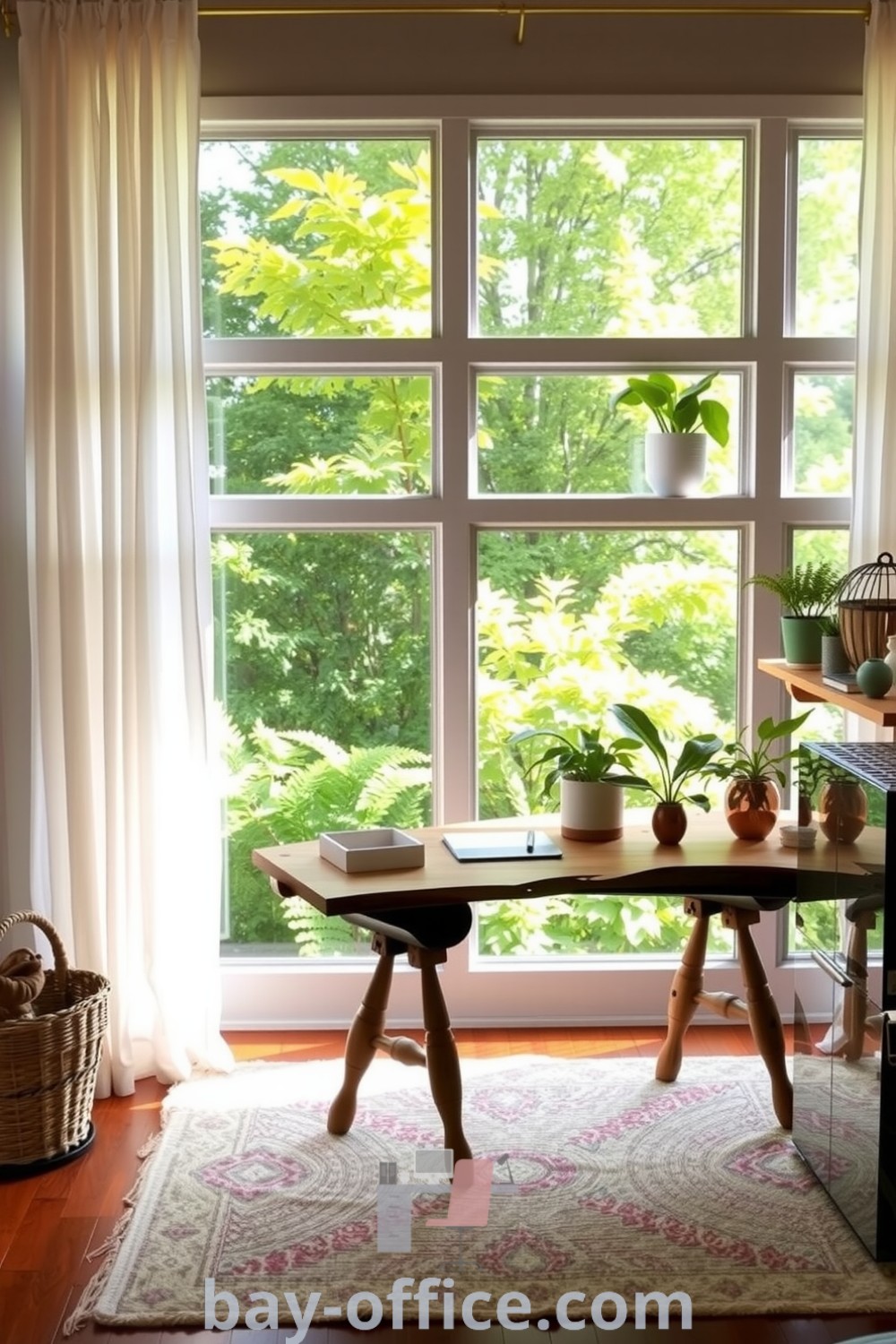 Nature-inspired home office featuring large windows, a wooden desk, and lush potted plants, creating a serene and inspiring atmosphere perfect for productivity. Discover more decor ideas at bay-office.com.