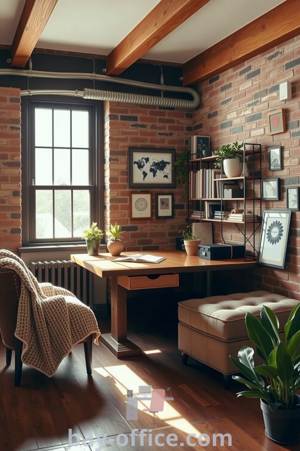 Stylish loft home office featuring exposed brick walls, wooden beams, reclaimed wood desk, and cozy accents creating an inviting atmosphere for creativity and focus. Ideal for exploring design trends and decorating ideas to enhance your workspace. Discover more at bay-office.com.