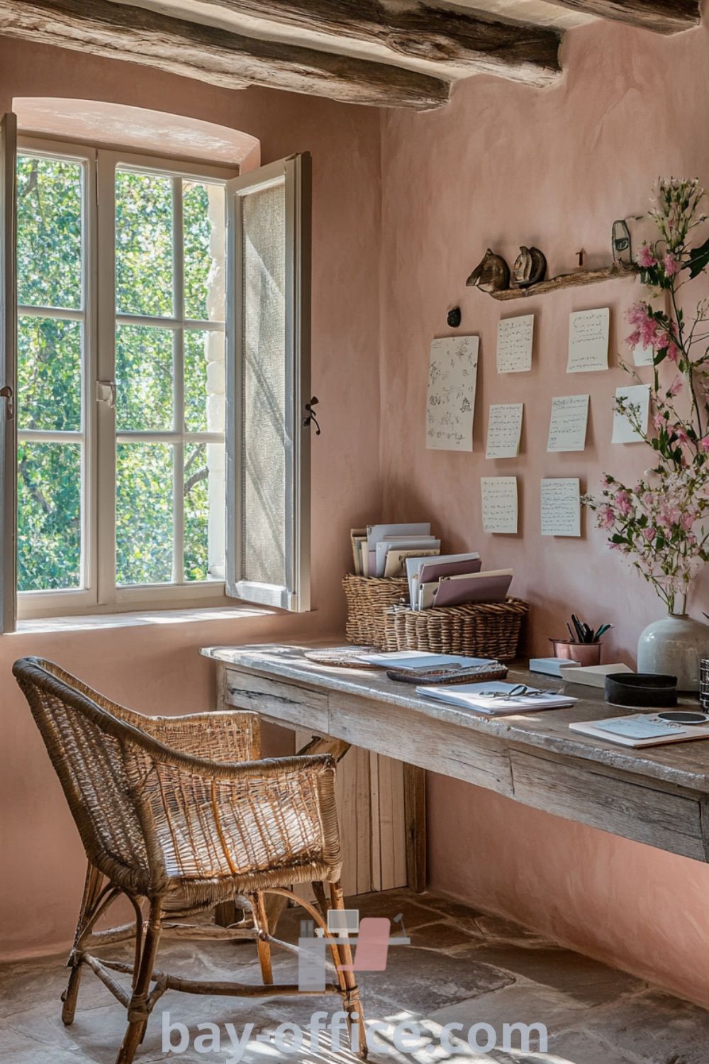 Cozy home office featuring soft pink walls, rustic wooden beams, and an oak desk, designed to inspire productivity with a tranquil atmosphere. Discover more design trends and decor ideas for small spaces at bay-office.com.