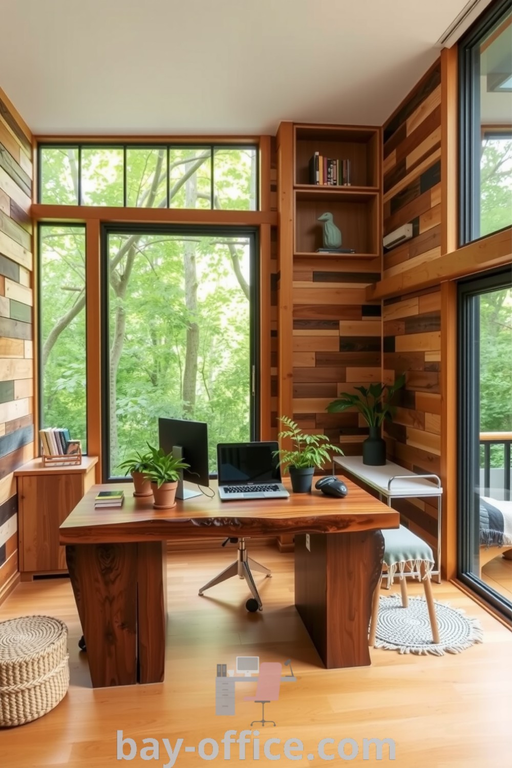 Nature-inspired home office with reclaimed wood walls, a large window framing lush greenery, a rustic timber desk, and cozy textiles, promoting tranquility and productivity. Discover design tips and ideas that inspire productivity at bay-office.com.