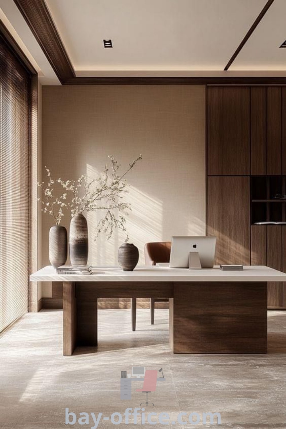 Cozy Japandi office interior with a table, vases, and a laptop, showcasing Japanese home office ideas that inspire productivity and comfort. Explore design tips and decorating ideas for small spaces at bay-office.com.