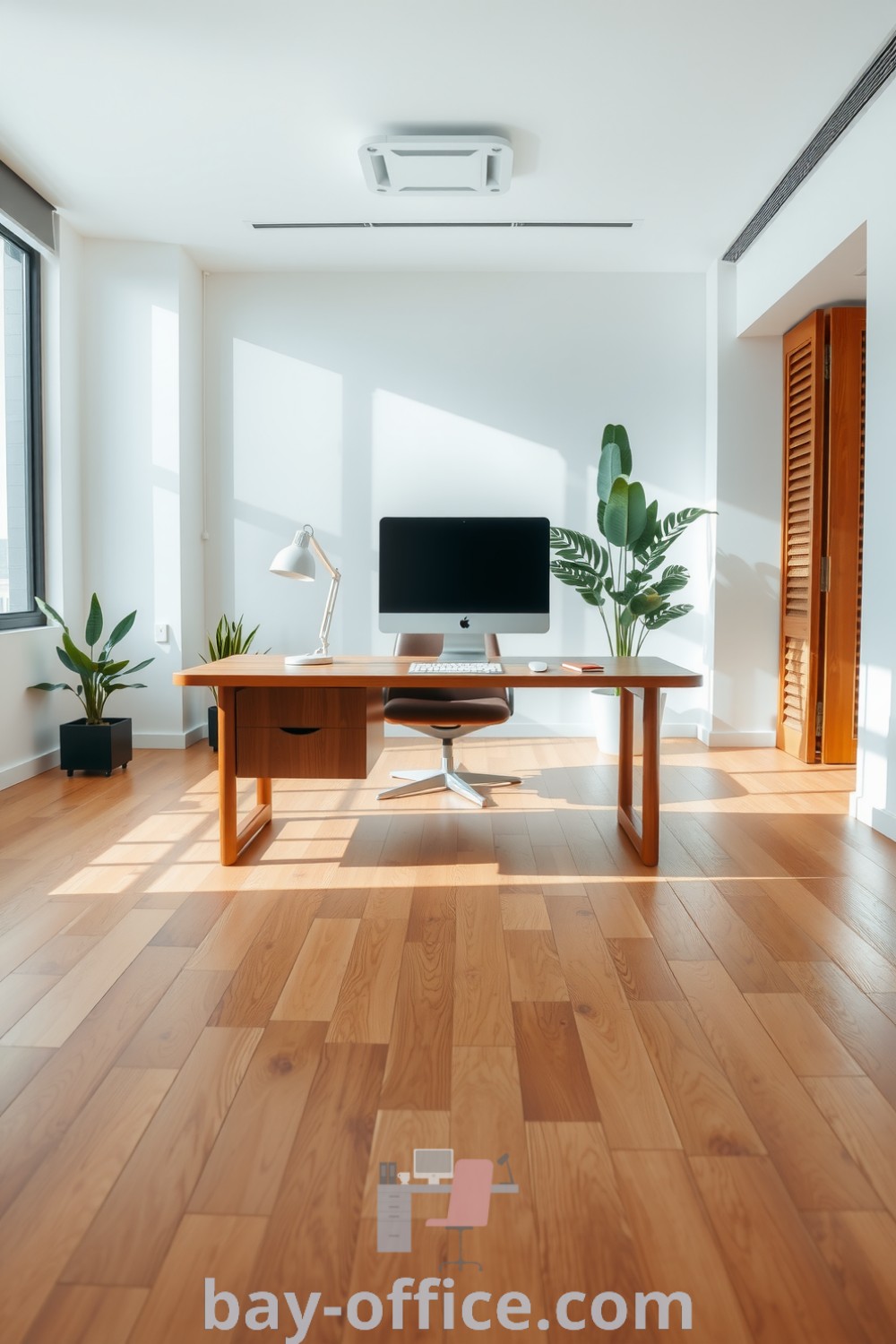 Minimalist corporate office featuring a rich brown wood desk, soft white walls, large windows, potted plants, and warm wooden flooring, creating a cozy yet professional atmosphere for focused work. Explore more design tips and ideas at bay-office.com.