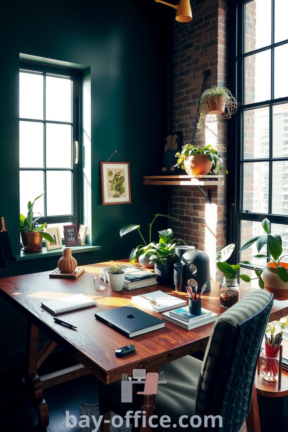 Cozy loft home office with green walls, rustic wooden desk, and large windows. Features include exposed brick and plants, creating a serene workspace that inspires productivity. Discover design trends and cozy décor ideas at bay-office.com.