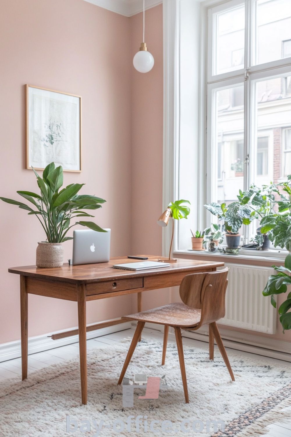 Cozy Scandinavian home office with soft pink walls, wooden desk, natural light, plush rug, and houseplants creating an inviting atmosphere. Perfect for inspiring productivity and comfort while working from home. Explore more ideas at bay-office.com.