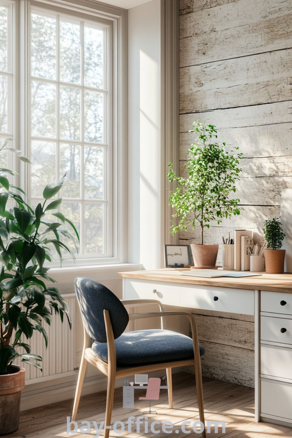 Scandinavian home office featuring soothing blue accents, natural light through a large window, and reclaimed wood walls, ideal for enhancing productivity and comfort. Explore decor ideas for small spaces and home office inspiration at bay-office.com.